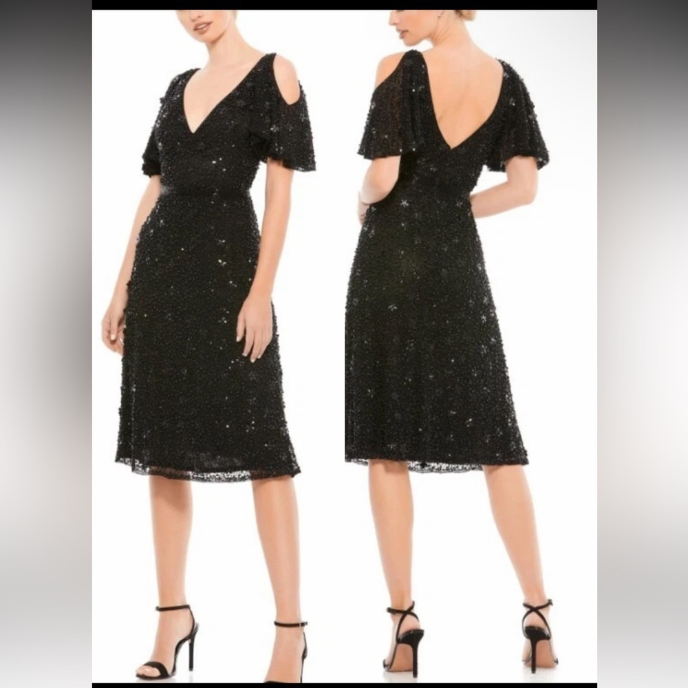 NWT MAC DUGGAL 4988 Black Pearl Embellished Drop Shoulder Dress sz 8